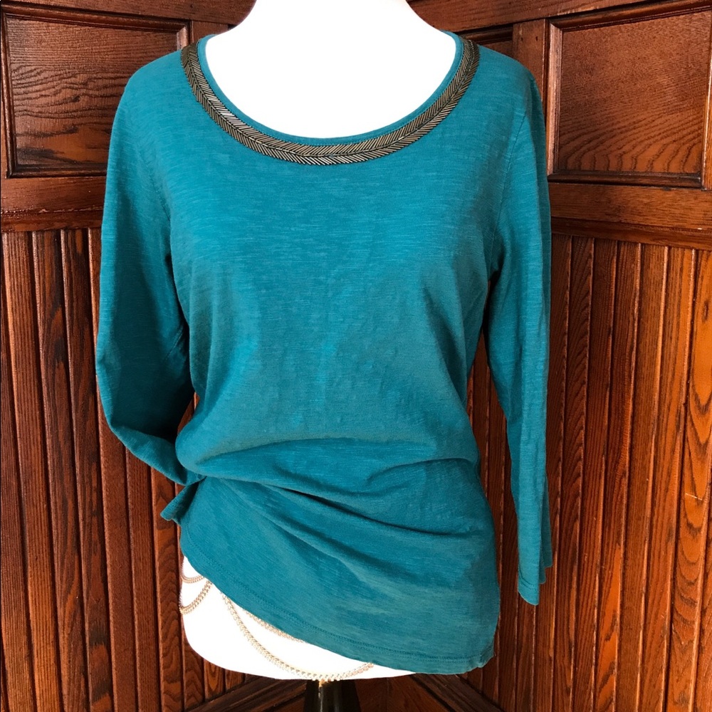 Teal 3/4 length Sleeve Top with Beaded Collar